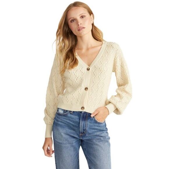Driftwood Nancy Cardigan Sweater Women L Cream Cotton V Neck Balloon Sleeve Boho - Picture 1 of 16